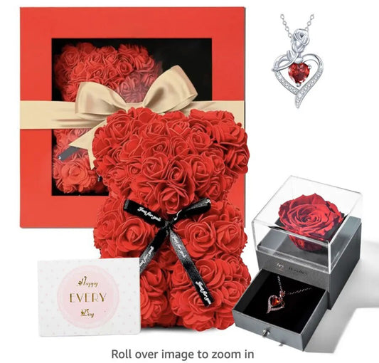 LuxRose "Love" Bear w/Black Rose Box & Diamond Necklace