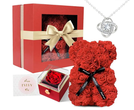 LuxRose "Love" Bear w/Red Rose Jewelry Box w/Keepsake Diamond Necklace