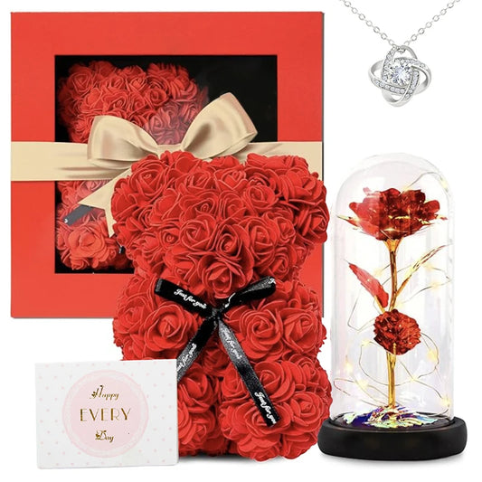 LuxRose "Love" Bear w/Diamond Necklace & Artificial 24k Gold Foil Eternal Rose In Glass w/ Lights